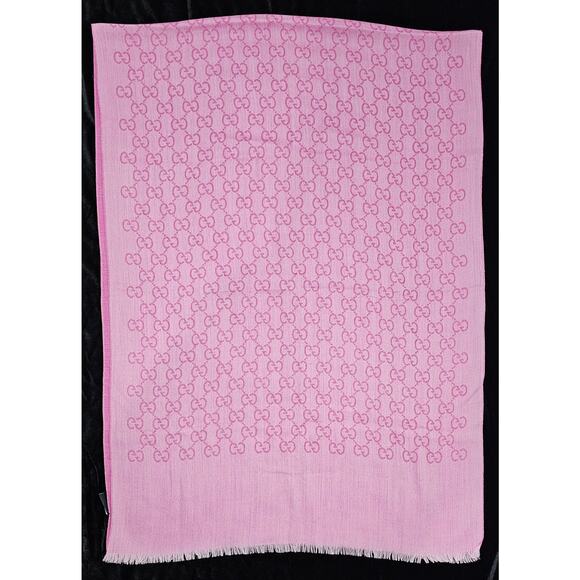 GUCCI Pink Jacquard Logo GG Wool Silk Scarf - Picture 7 of 14